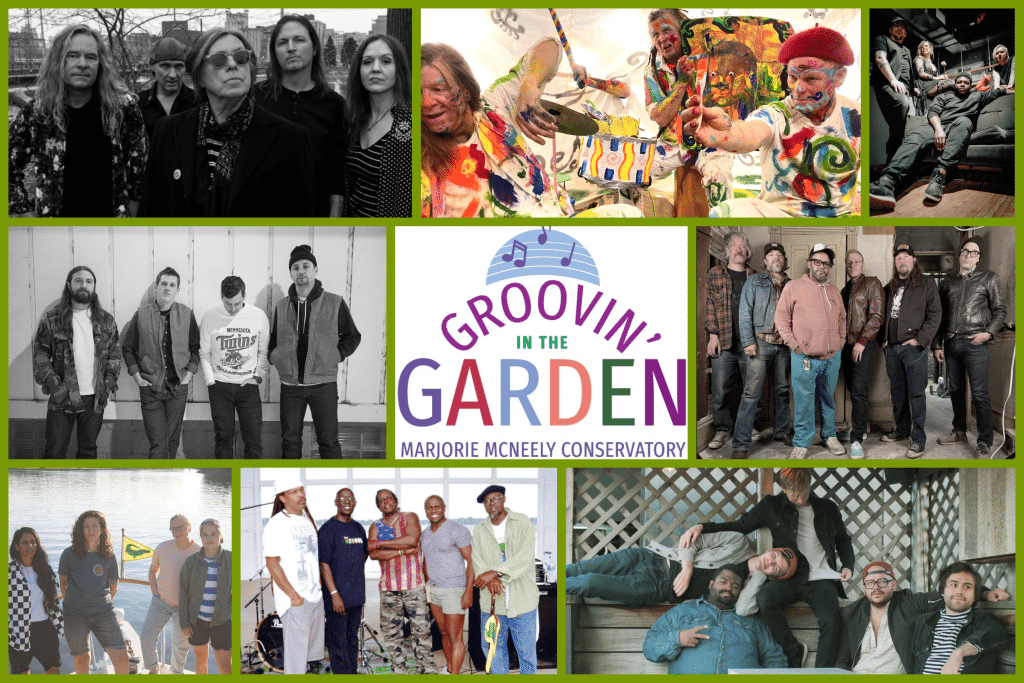 8 band photos surrounding a logo for Groovin In The Garden